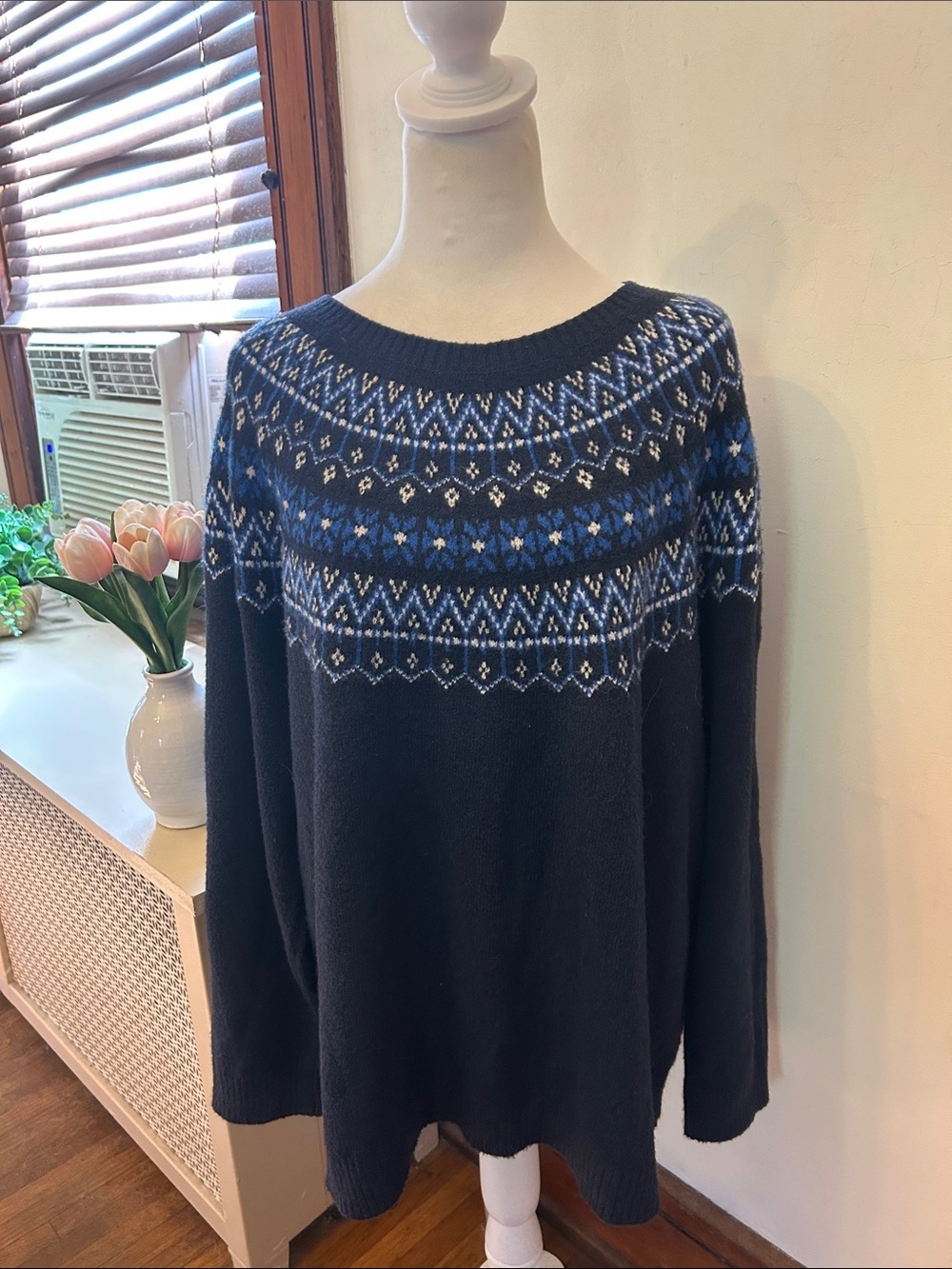 Croft & Barrow Navy Fair Isle Knit Sweater Blue White Pattern Size 1X EUC